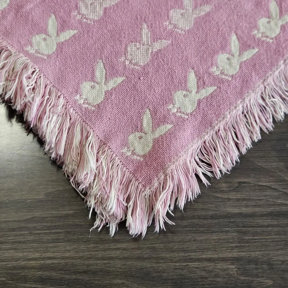 Vintage 2004 Playboy Bunny Reversible Throw Blanket Pink Cream Y2K Fringe